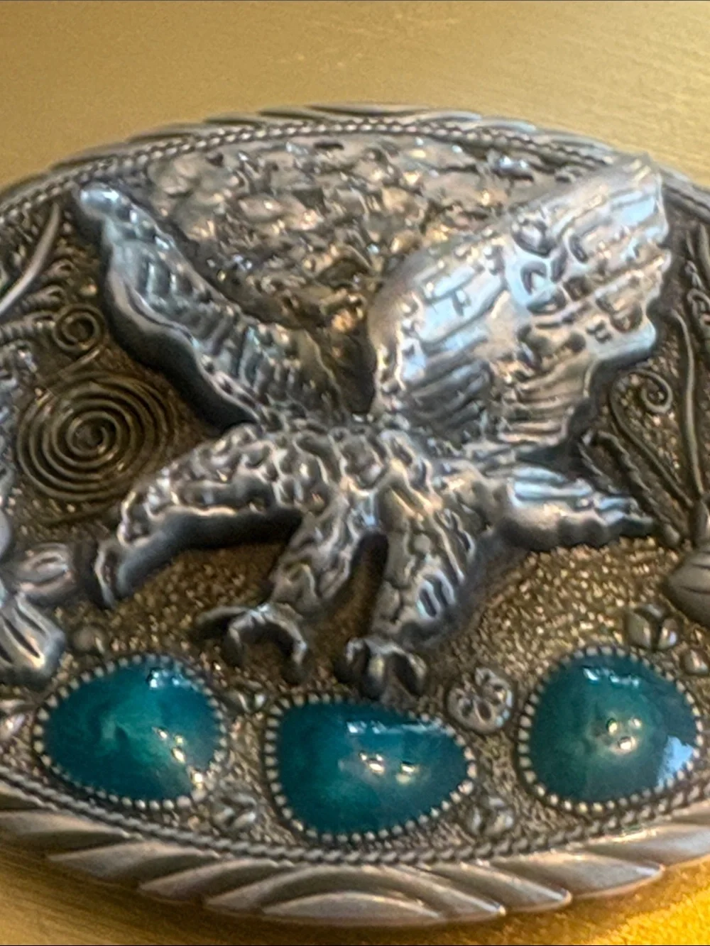 Silver Eagle Belt Buckle with Teal Stones 3.5x2.5in